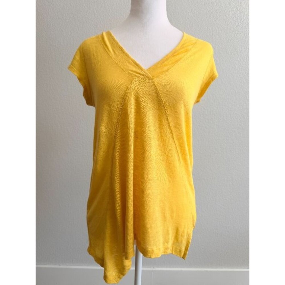 Anthro Meadow Rue Yellow 100% Linen Asymmetrical Pieced Panel Knit Tee Top XS